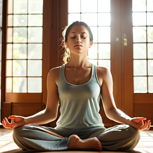 A serene woman meditating indoors in the morning sunlight, focused on her breath, wearing comfortable clothing, with a calming ambiance and soft lighting. The scene should evoke a sense of peace and mindfulness.