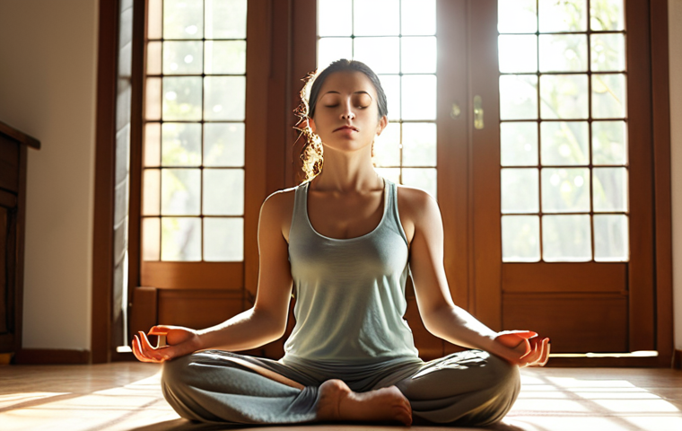 A serene woman meditating indoors in the morning sunlight, focused on her breath, wearing comfortable clothing, with a calming ambiance and soft lighting. The scene should evoke a sense of peace and mindfulness.