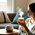 A professional young adult in comfortable, modest lounge wear, sitting serenely in a softly lit, cozy living room. Gentle light filters through a window, illuminating an aromatic diffuser emitting a soft mist, and a warm herbal tea steams gently on a side table. The mood is tranquil and introspective, embodying mindful relaxation. Professional photography, warm tones, soft focus, fully clothed, modest clothing, appropriate attire, safe for work, perfect anatomy, correct proportions, natural pose, well-formed hands, proper finger count, natural body proportions, appropriate content, family-friendly.