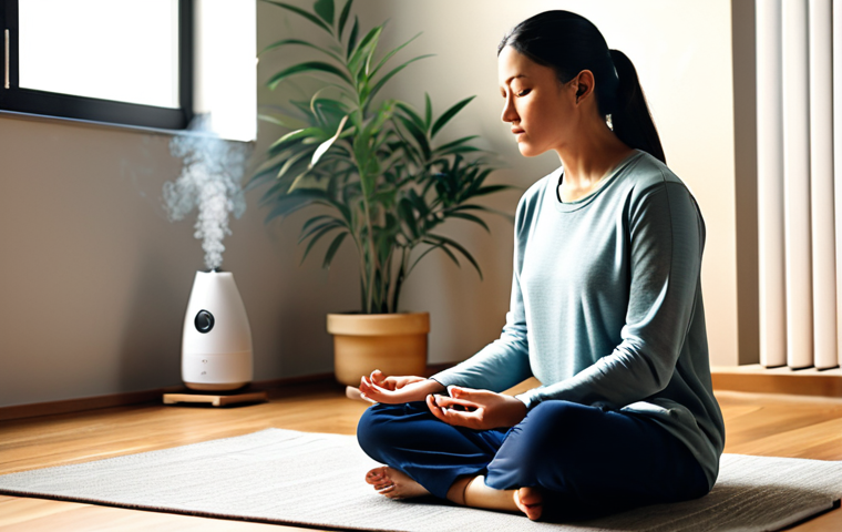 Serene Self-Care Ritual**

A woman, fully clothed in comfortable, modest attire, is peacefully meditating in a sunlit room. Soft, diffused light. Background includes calming elements: a small indoor plant, a lit aromatherapy diffuser emitting gentle vapor. Focus on tranquility and mindfulness. The scene should evoke feelings of relaxation and well-being. High-quality rendering, perfect anatomy, natural proportions, safe for work, appropriate content, professional, family-friendly.

**