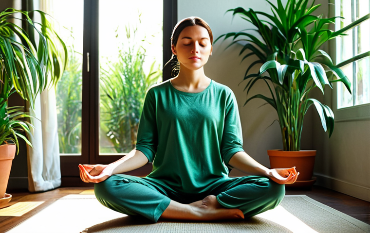 셀프케어 루틴의 효과적인 실천법 - Mindful Morning**

"A woman in modest, comfortable clothing practices morning meditation in a sunlit...