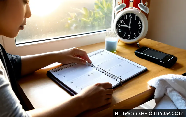 셀프케어 루틴에 필요한 시간 관리 기술 - Photorealistic morning self-care planning scene, an organized adult seated at a clean wooden desk ar...
