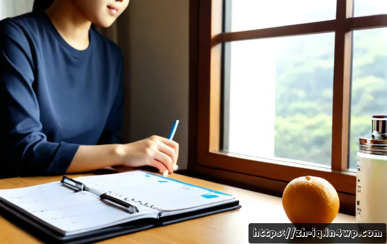 셀프케어 루틴을 위한 목표 설정 방법 - Photorealistic morning self-care goal setting scene, an East Asian adult seated at a tidy sunlit des...